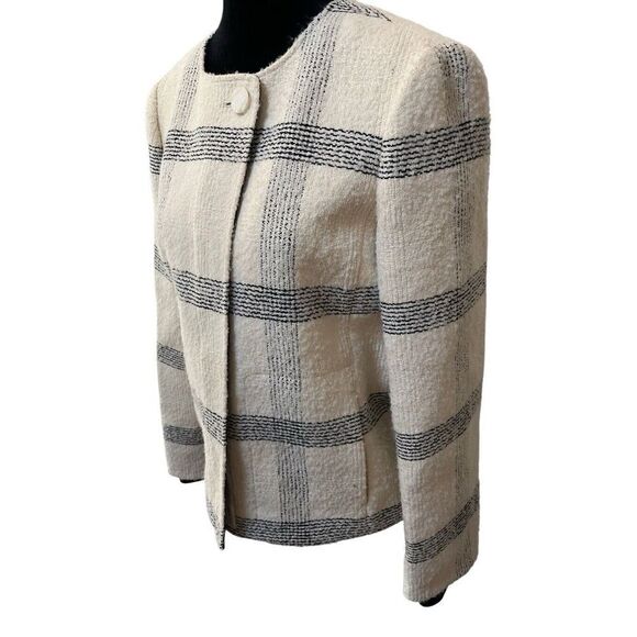 Tory Burch Wool Blend Ivory Black Plaid Blazer Zip Button Closure Women’s 10 M - Picture 9 of 14